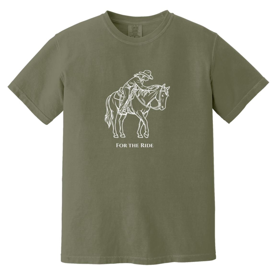 Reining rider and horse graphic with text “For the Ride” on white tee.