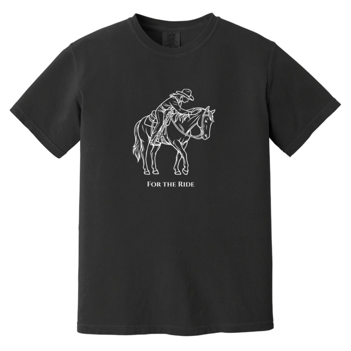 Reining rider and horse graphic with text “For the Ride” on white tee.