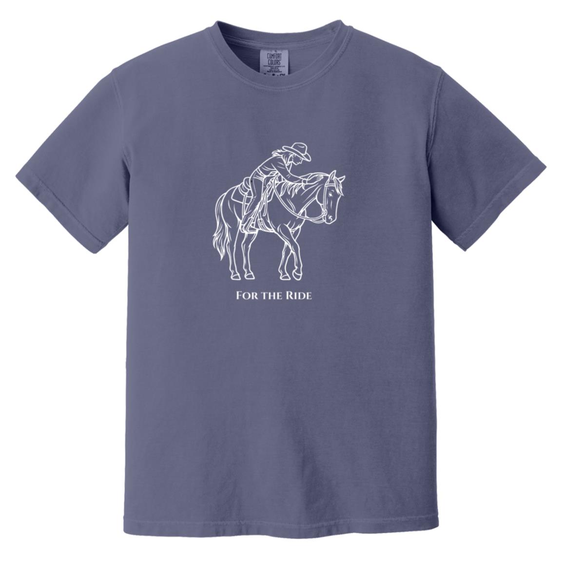 Reining rider and horse graphic with text “For the Ride” on white tee.