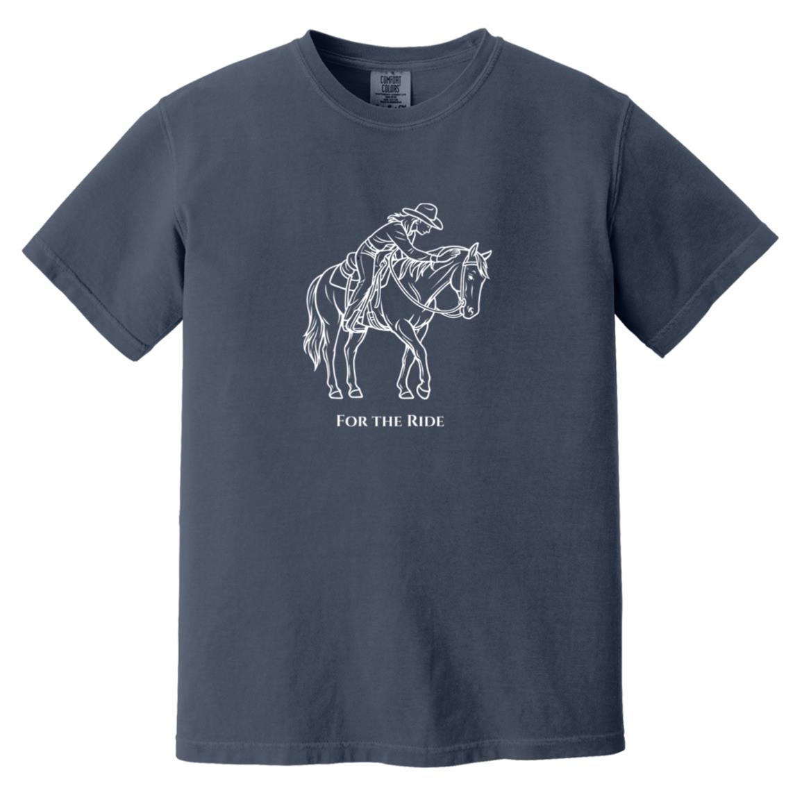 Reining rider and horse graphic with text “For the Ride” on white tee.