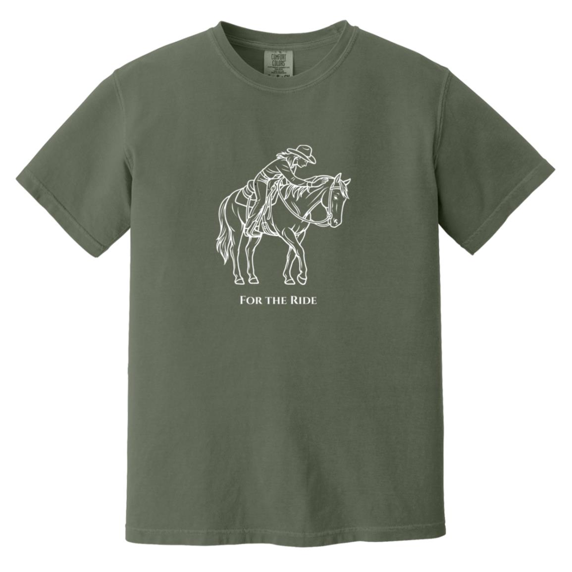 Reining rider and horse graphic with text “For the Ride” on white tee.