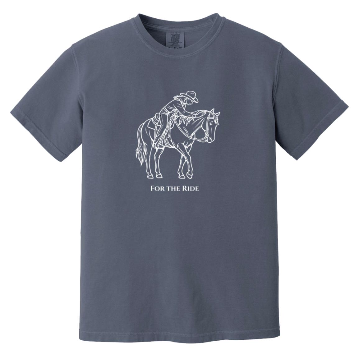 Reining rider and horse graphic with text “For the Ride” on white tee.