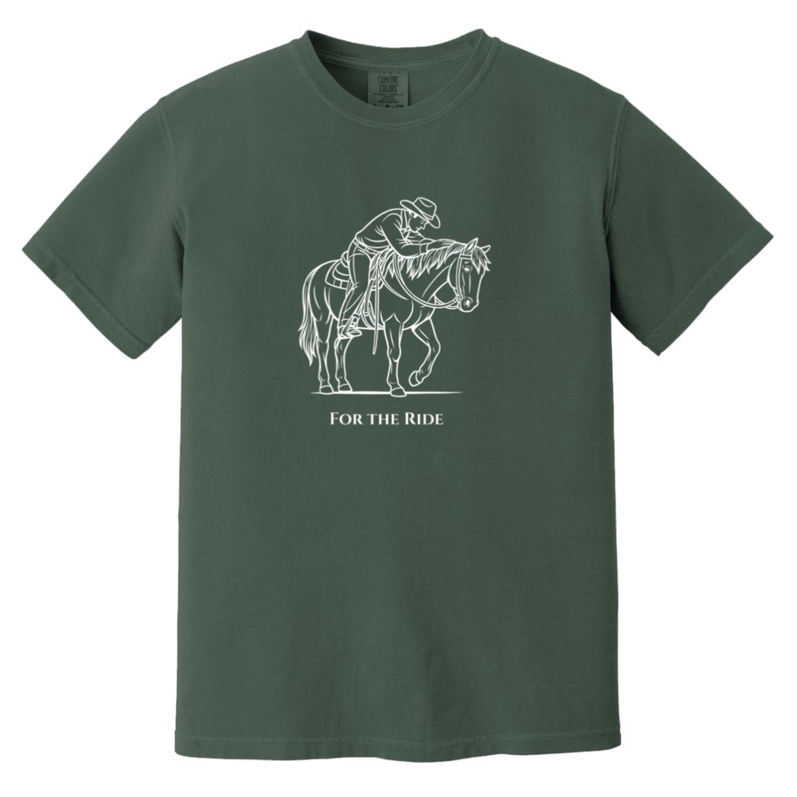 Reining rider and horse graphic with text “For the Ride” on white tee.
