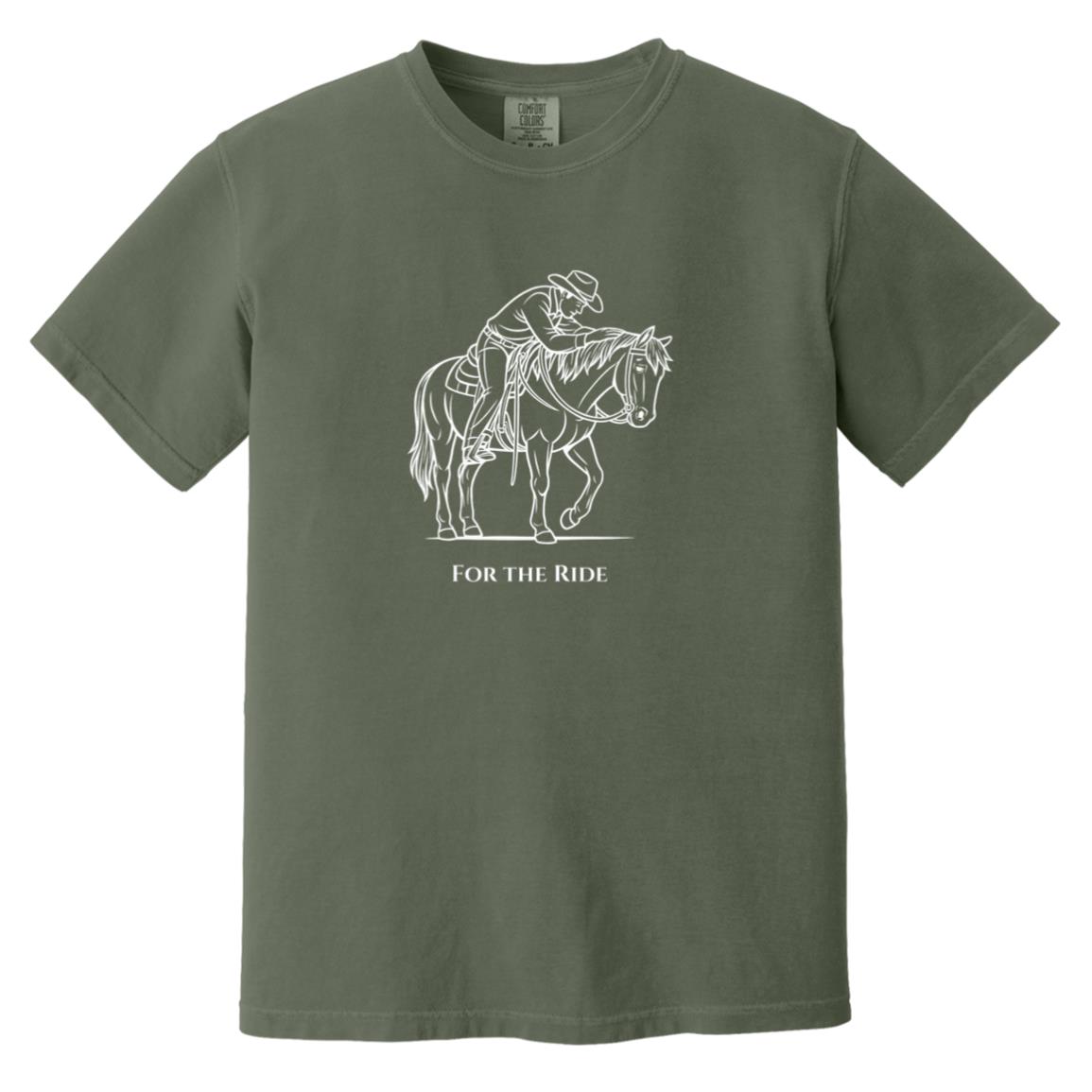 Reining rider and horse graphic with text “For the Ride” on white tee.