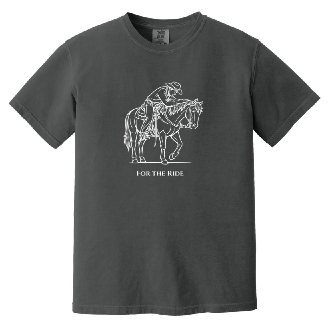 Reining rider and horse graphic with text “For the Ride” on white tee.