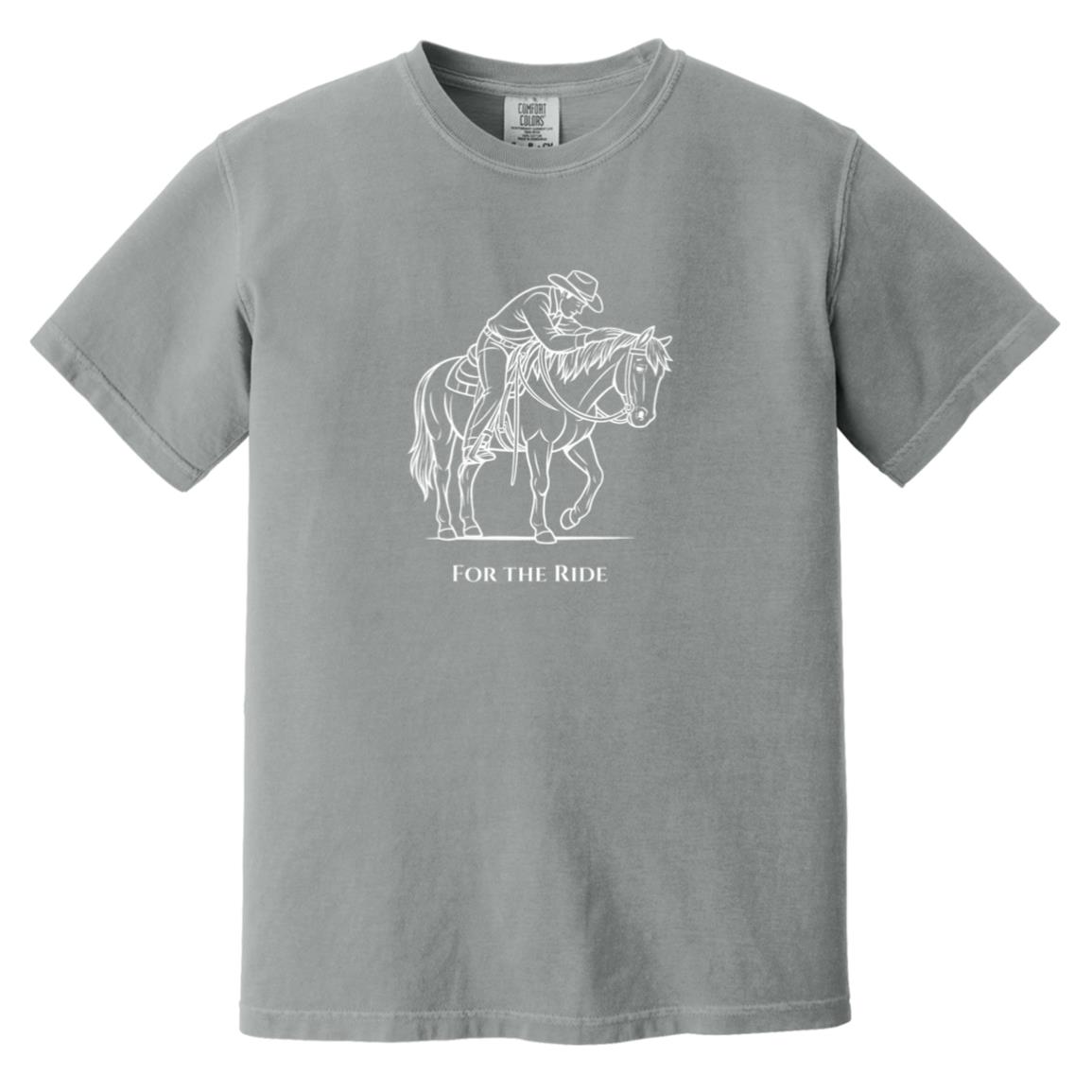 Reining rider and horse graphic with text “For the Ride” on white tee.