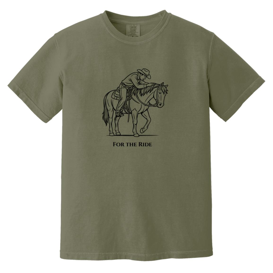 Reining rider and horse graphic with text “For the Ride” on white tee.