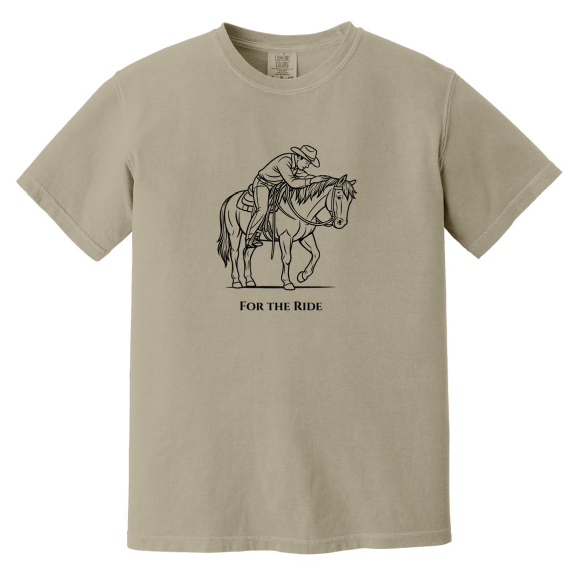Reining rider and horse graphic with text “For the Ride” on white tee.