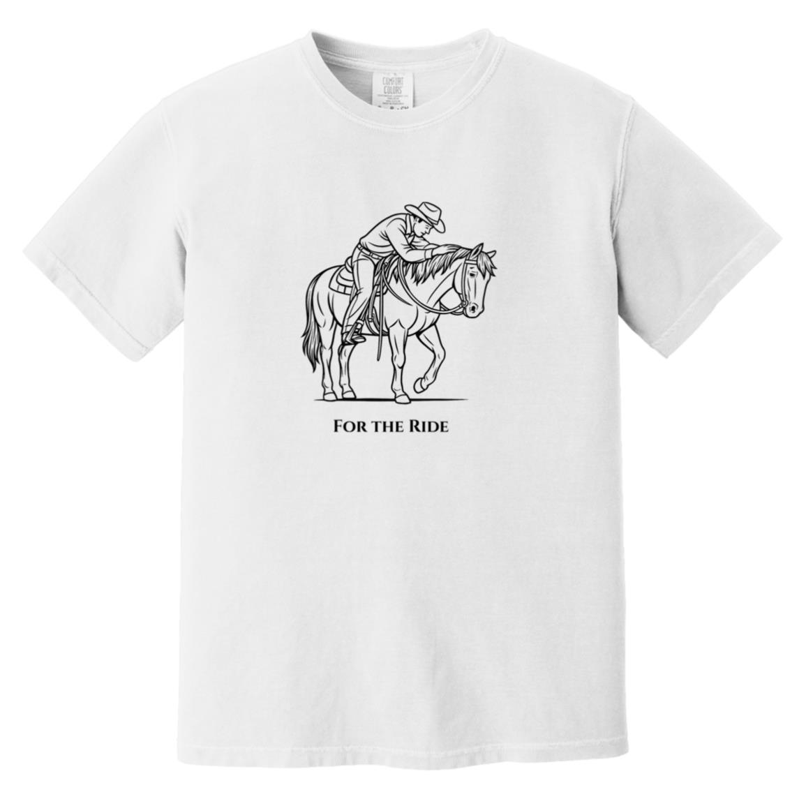 Reining rider and horse graphic with text “For the Ride” on white tee.