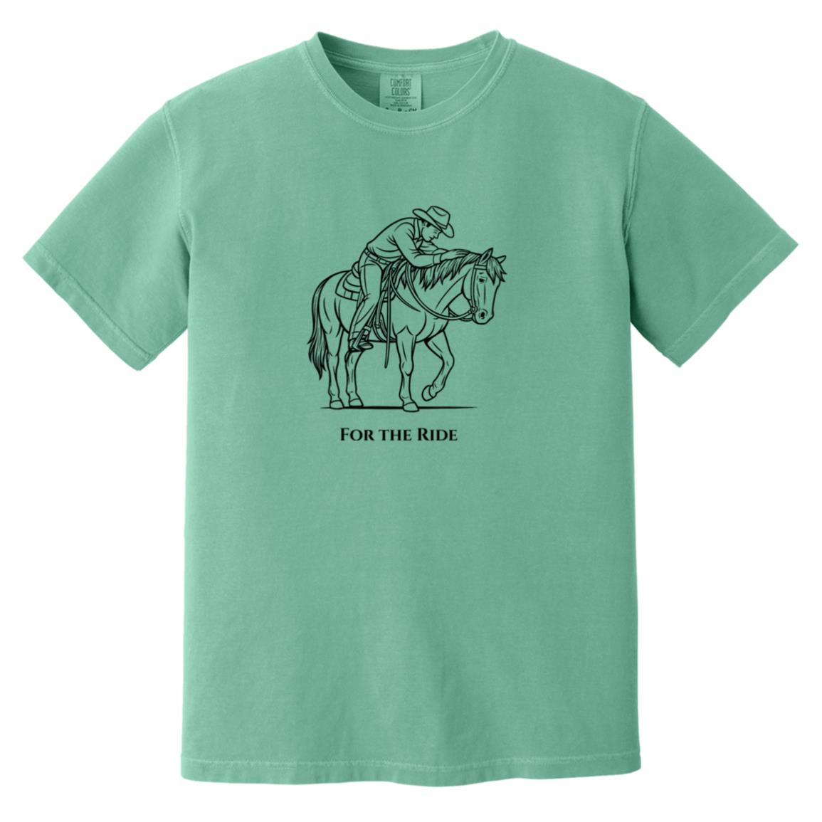 Reining rider and horse graphic with text “For the Ride” on white tee.