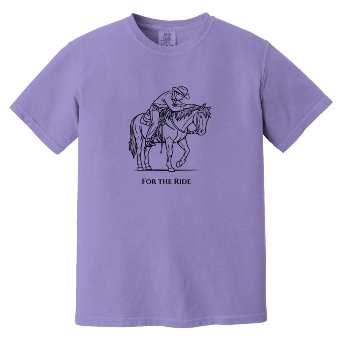 Reining rider and horse graphic with text “For the Ride” on white tee.