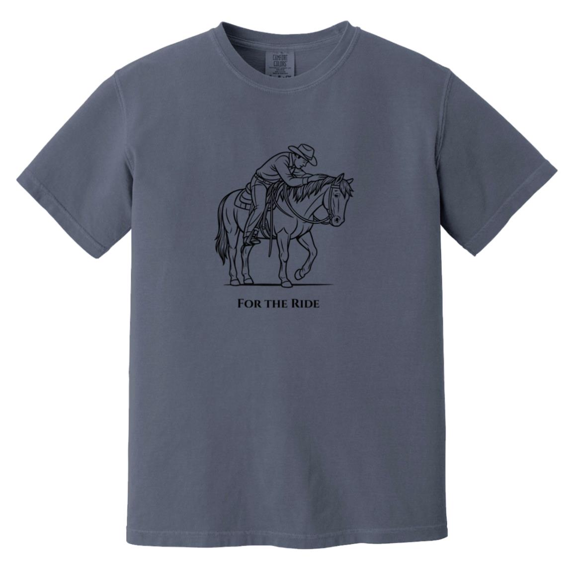 Reining rider and horse graphic with text “For the Ride” on white tee.