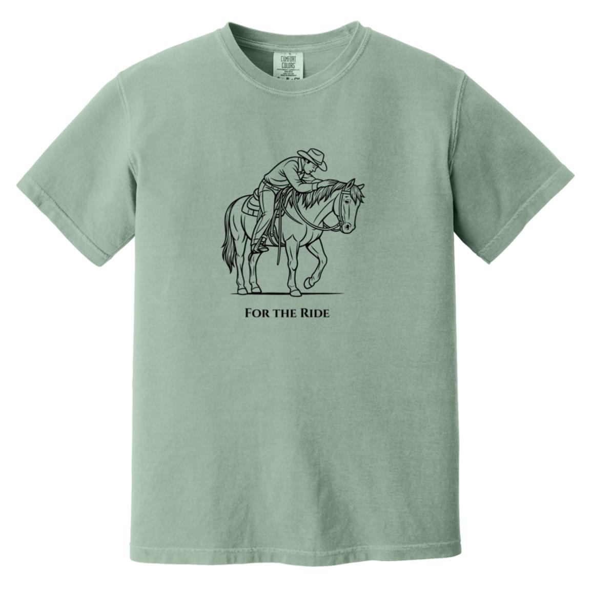 Reining rider and horse graphic with text “For the Ride” on white tee.