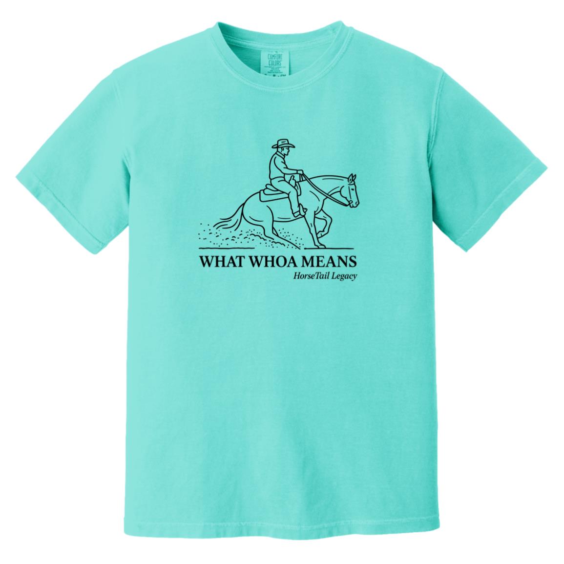 short sleeve tee with a line art graphic of a male reining rider and horse, text reads “WHAT WHOA MEANS.”