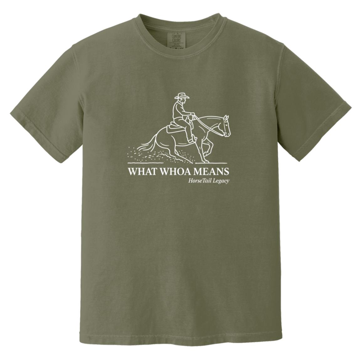 short sleeve tee with a line art graphic of a male reining rider and horse, text reads “WHAT WHOA MEANS.”