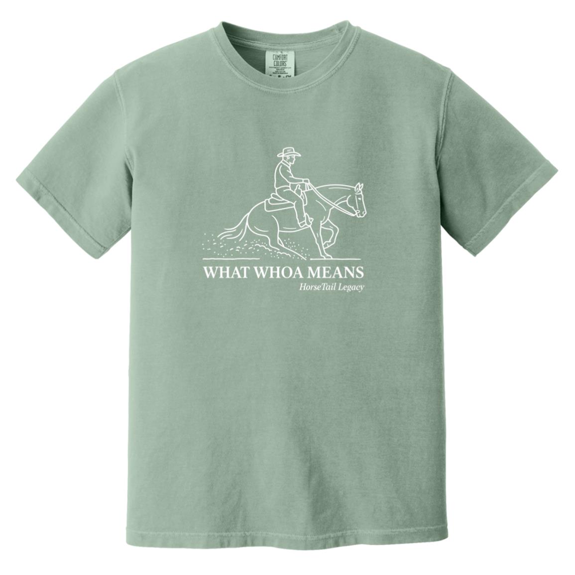short sleeve tee with a line art graphic of a male reining rider and horse, text reads “WHAT WHOA MEANS.”
