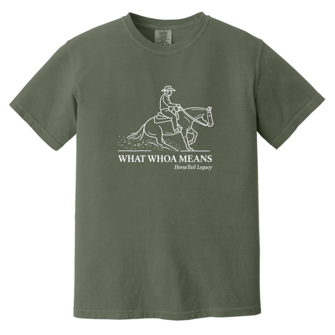 short sleeve tee with a line art graphic of a male reining rider and horse, text reads “WHAT WHOA MEANS.”
