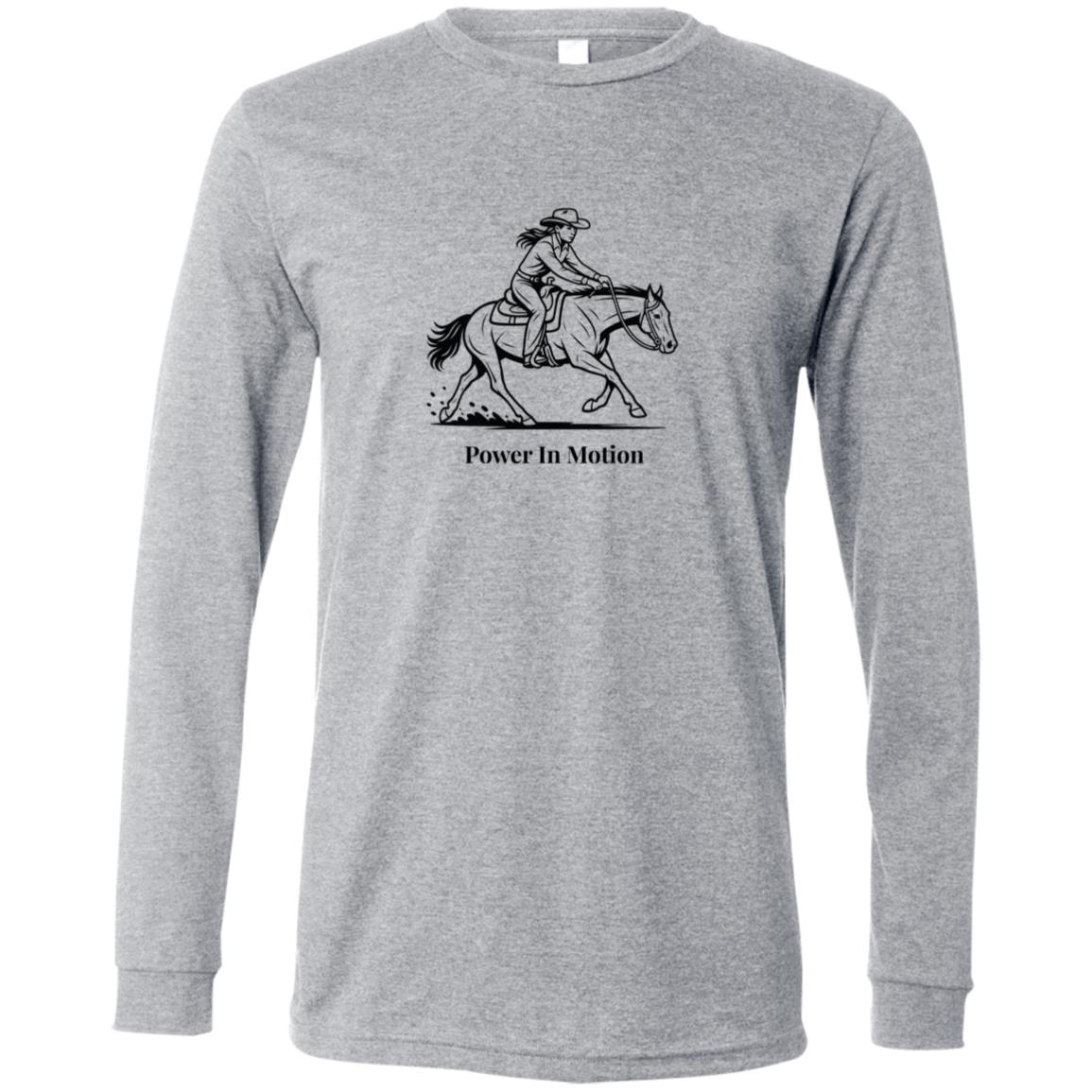 Female reining rider and horse graphic with text Power In Motion on long sleeve tee.