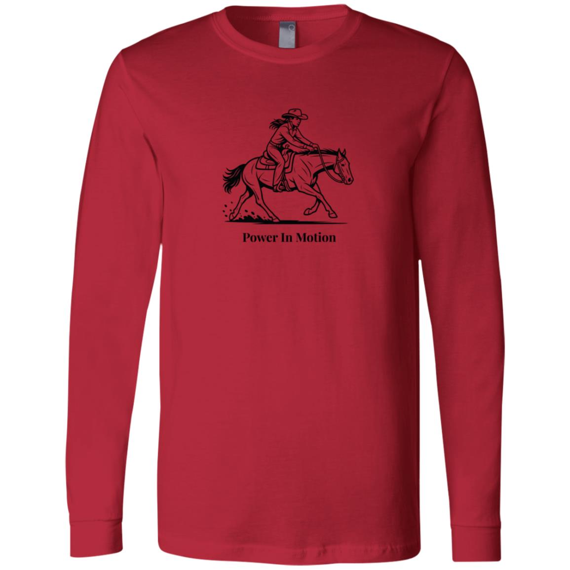 Female reining rider and horse graphic with text Power In Motion on long sleeve tee.
