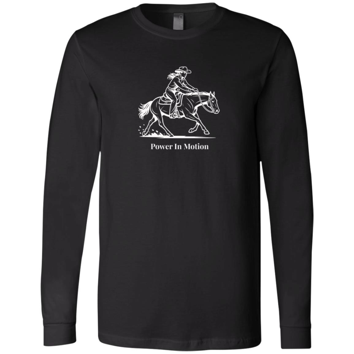 Female reining rider and horse graphic with text Power In Motion on long sleeve tee.
