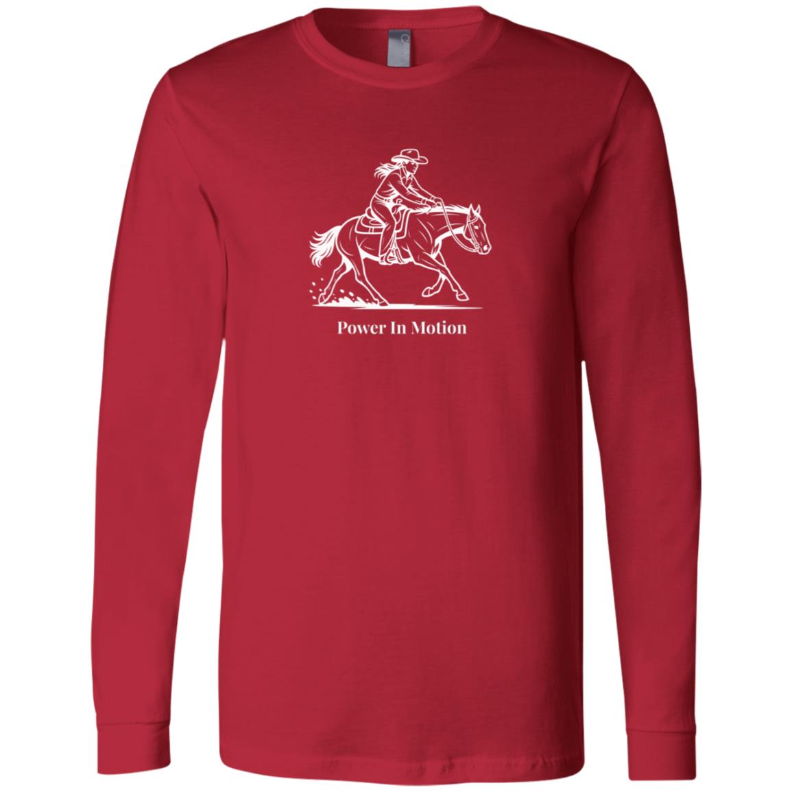 Female reining rider and horse graphic with text Power In Motion on long sleeve tee.
