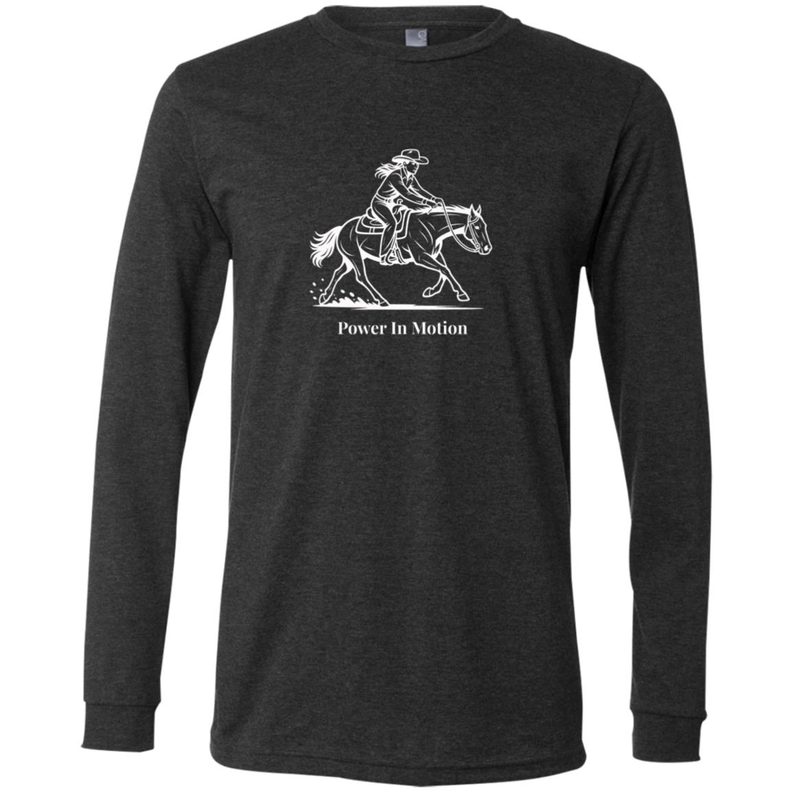 Female reining rider and horse graphic with text Power In Motion on long sleeve tee.