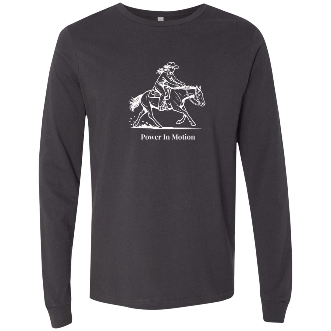 Female reining rider and horse graphic with text Power In Motion on long sleeve tee.
