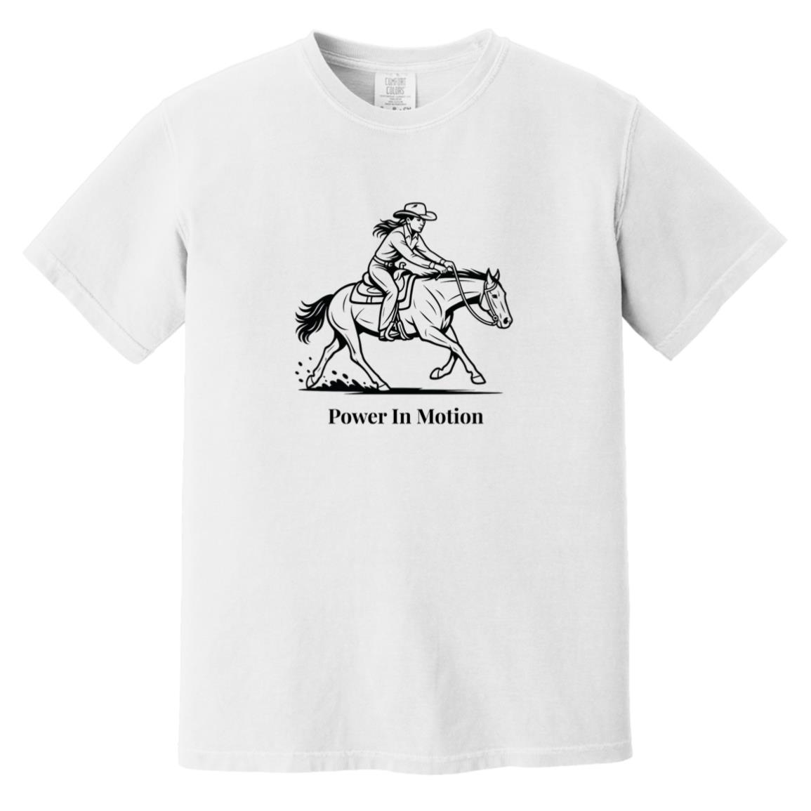 Female reining rider and horse graphic with text Power In Motion on white short sleeve tee.