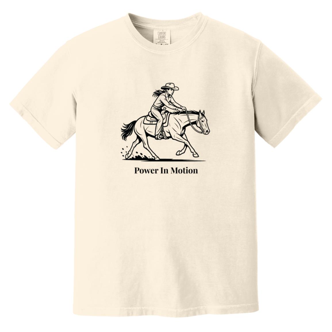 Female reining rider and horse graphic with text Power In Motion on short sleeve tee.