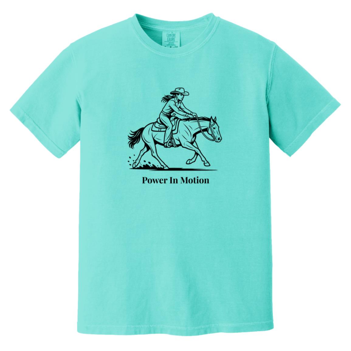 Female reining rider and horse graphic with text Power In Motion on short sleeve tee.