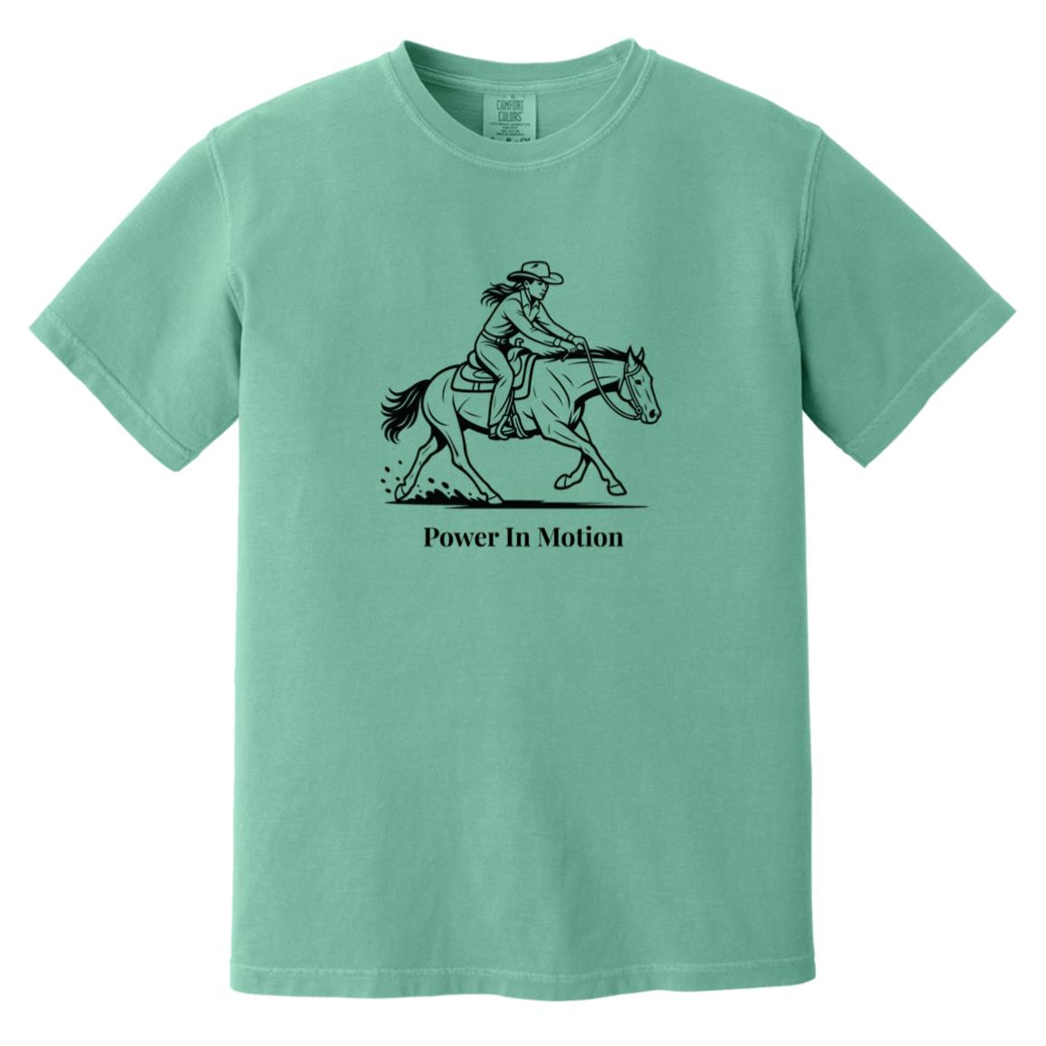 Female reining rider and horse graphic with text Power In Motion on short sleeve tee.
