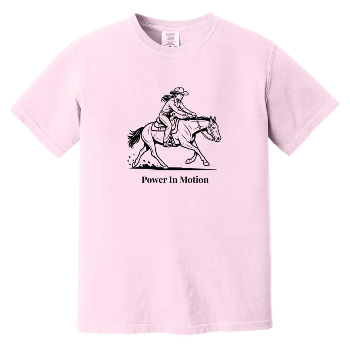 Female reining rider and horse graphic with text Power In Motion on short sleeve tee.