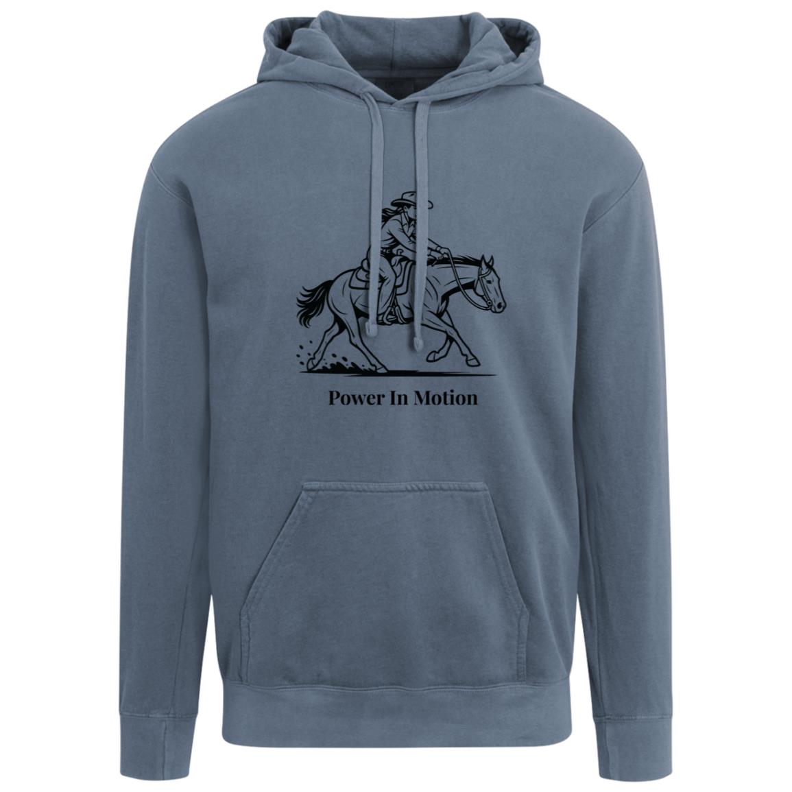 Female reining rider and horse graphic with text Power In Motion hoodie