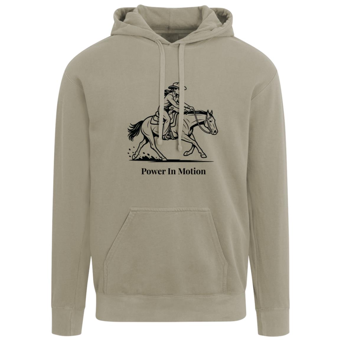 Female reining rider and horse graphic with text Power In Motion hoodie
