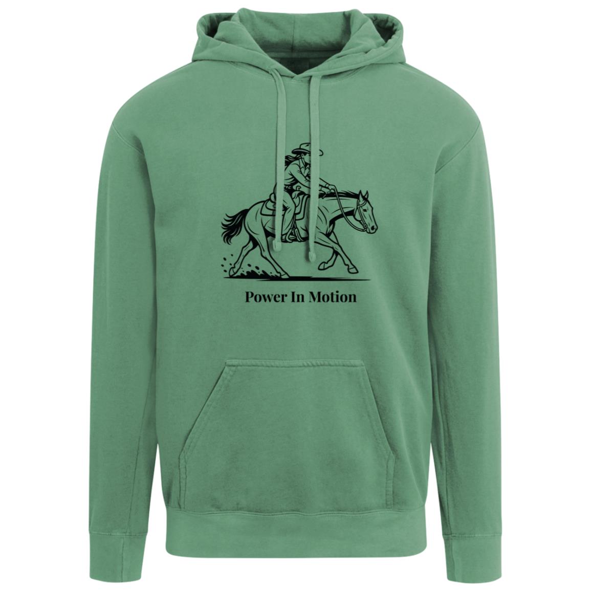 Female reining rider and horse graphic with text Power In Motion hoodie
