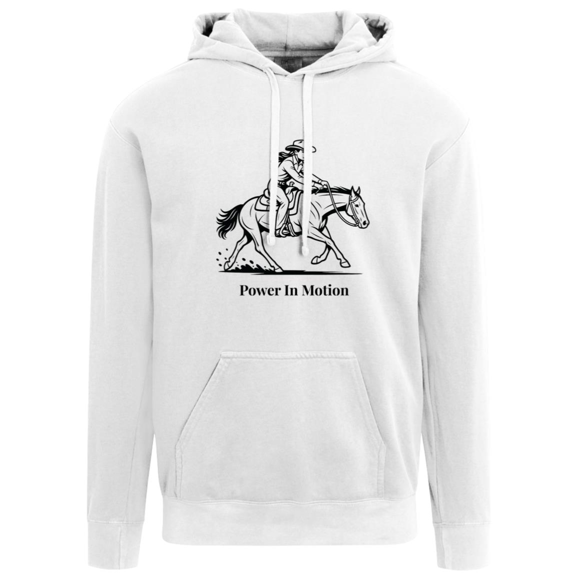 Female reining rider and horse graphic with text Power In Motion hoodie