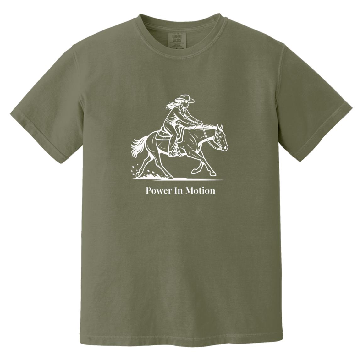 Female reining rider and horse graphic with text Power In Motion on short sleeve tee.