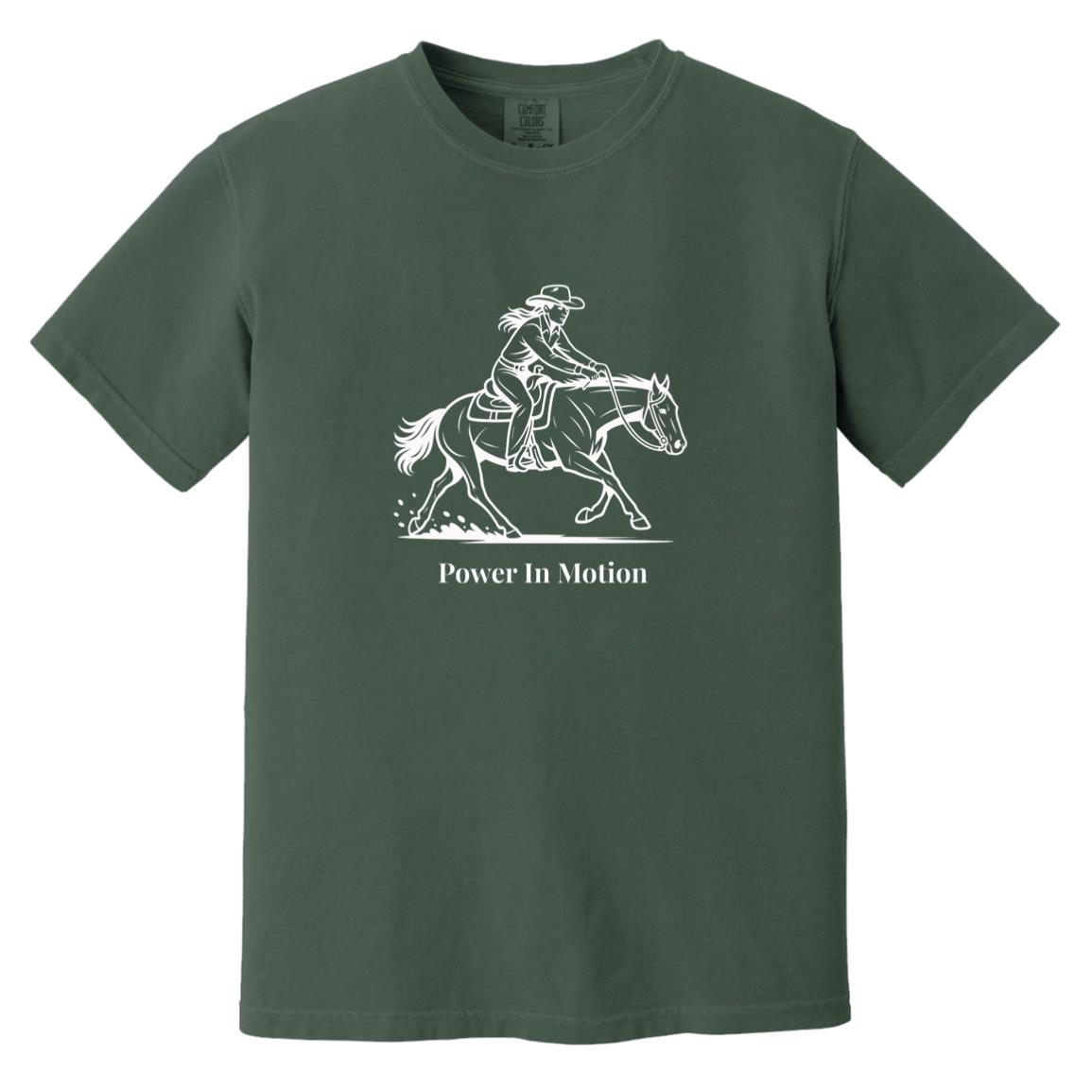 Female reining rider and horse graphic with text Power In Motion on short sleeve tee.