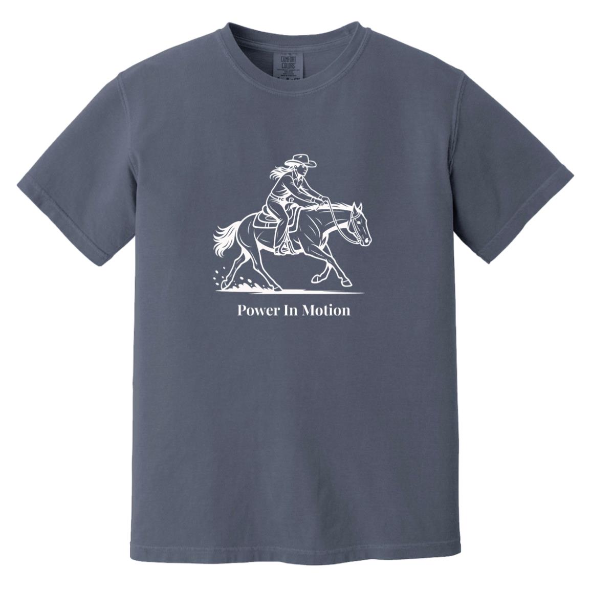 Female reining rider and horse graphic with text Power In Motion on short sleeve tee.
