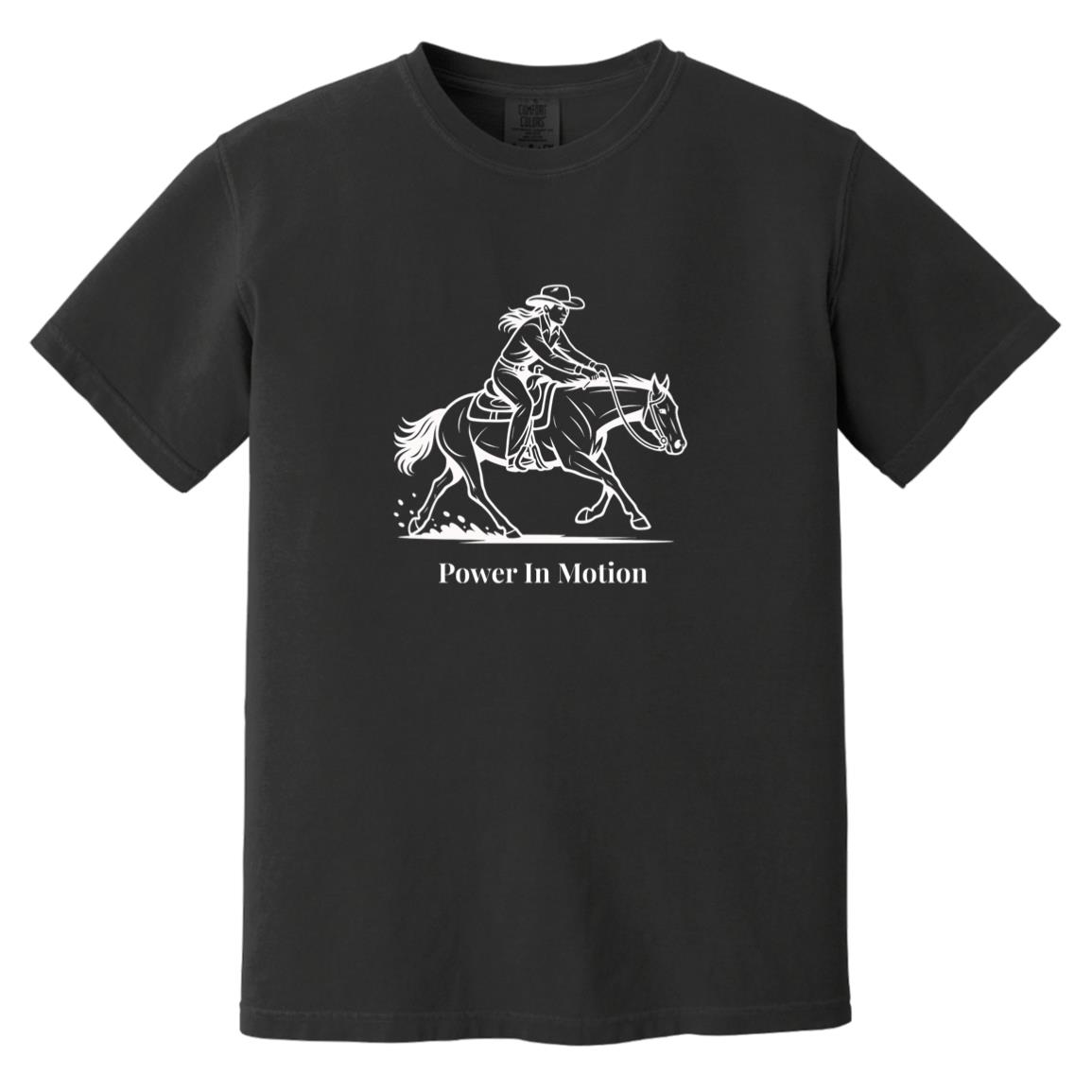 Female reining rider and horse graphic with text Power In Motion on short sleeve tee.