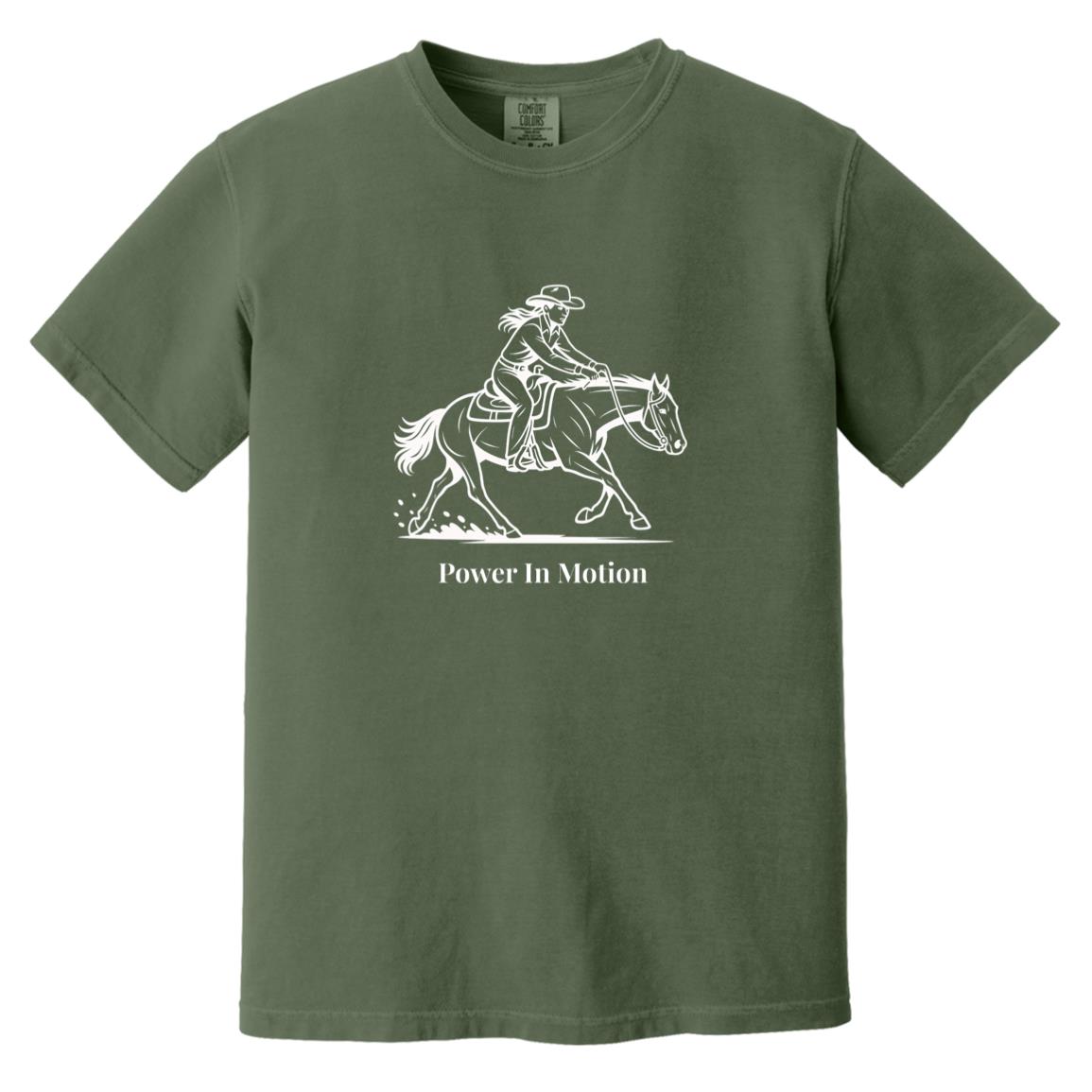 Female reining rider and horse graphic with text Power In Motion on short sleeve tee.