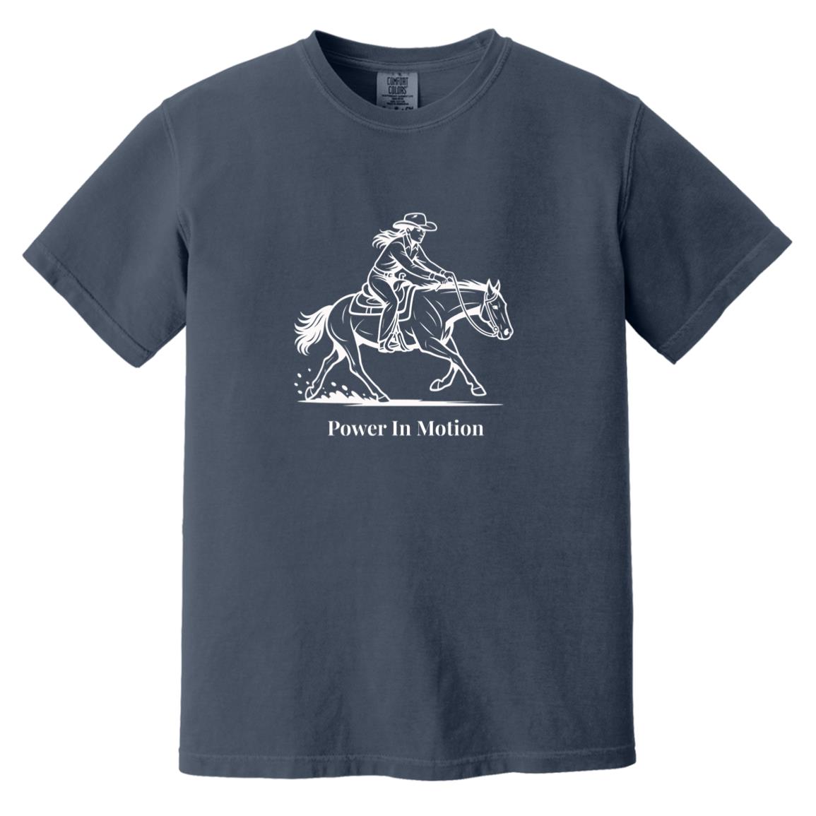 Female reining rider and horse graphic with text Power In Motion on short sleeve tee.