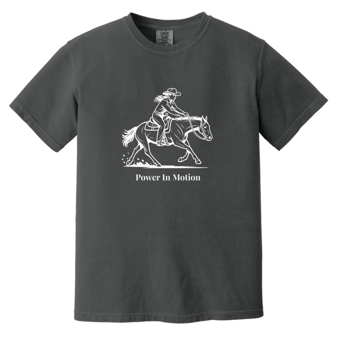 Female reining rider and horse graphic with text Power In Motion on short sleeve tee.