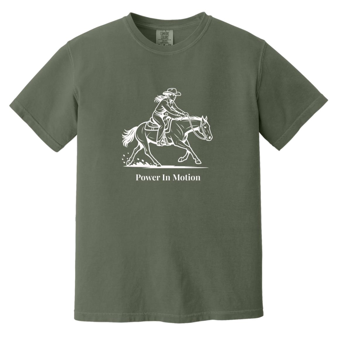 Female reining rider and horse graphic with text Power In Motion on short sleeve tee.
