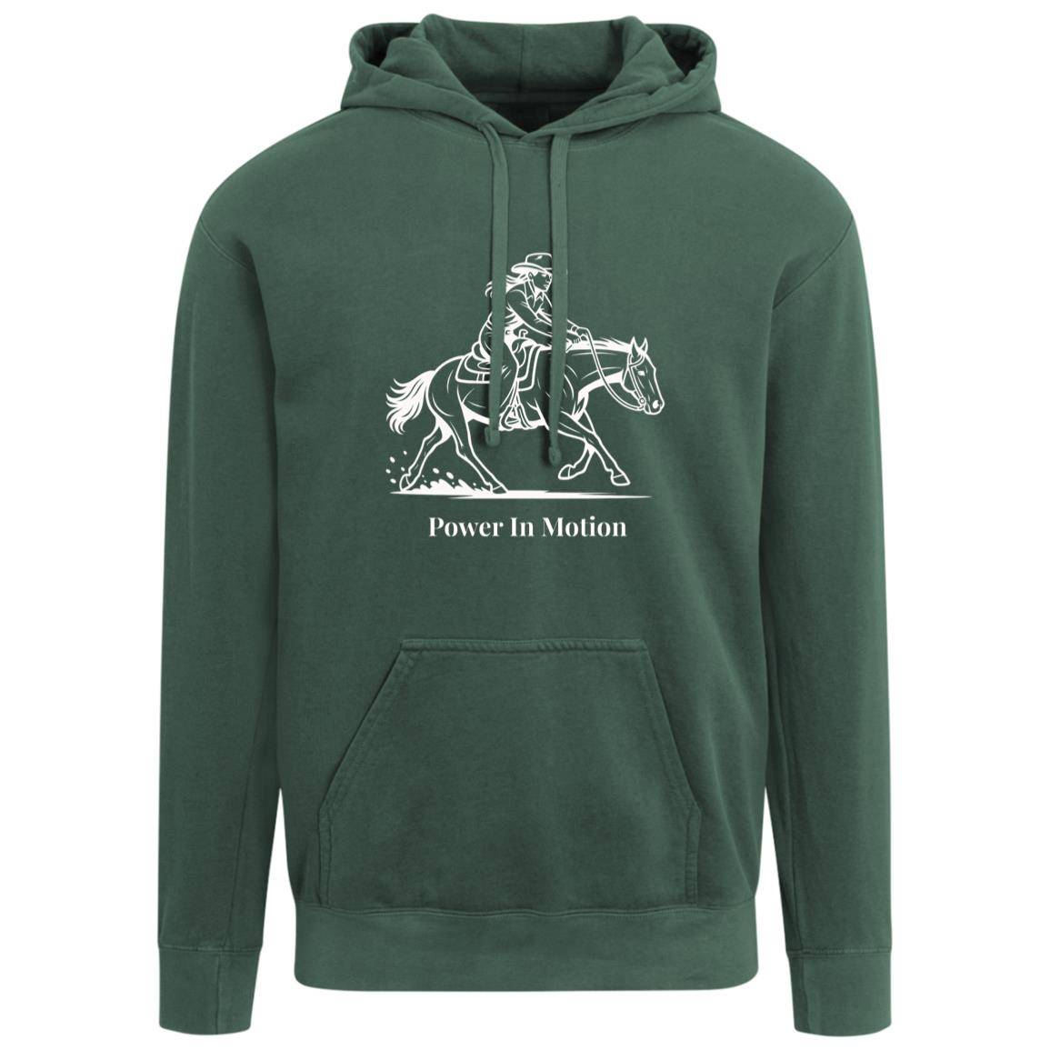 Female reining rider and horse graphic with text Power In Motion hoodie