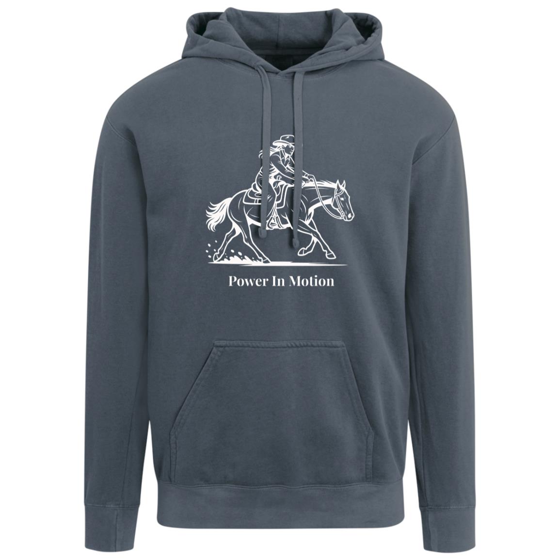 Female reining rider and horse graphic with text Power In Motion hoodie