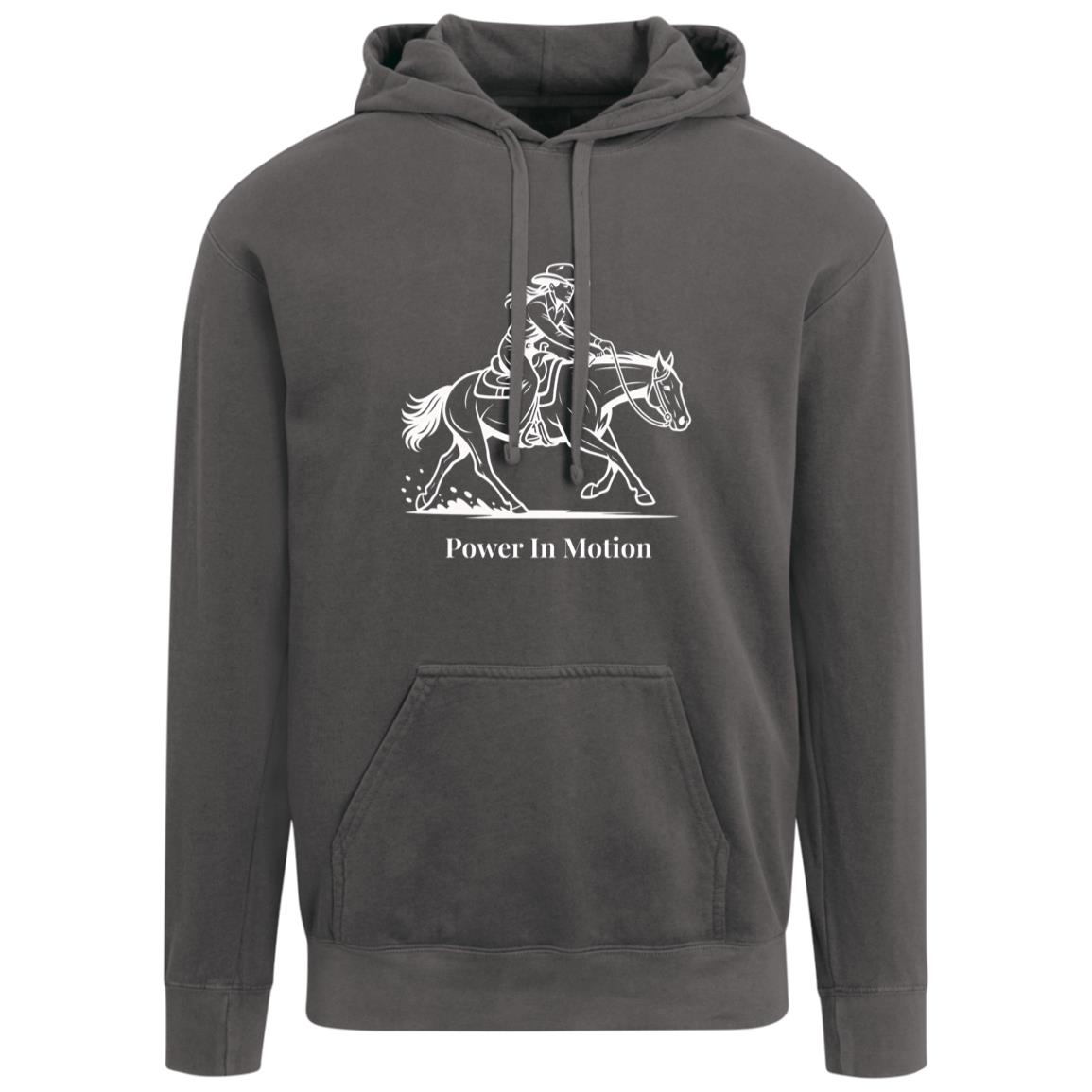 Female reining rider and horse graphic with text Power In Motion hoodie