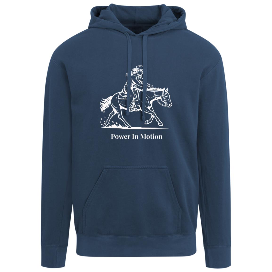Female reining rider and horse graphic with text Power In Motion hoodie