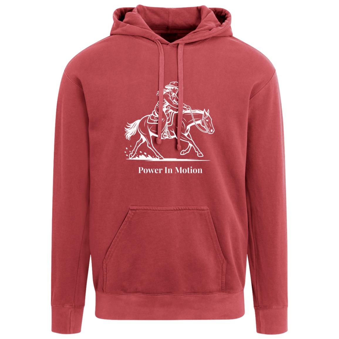 Female reining rider and horse graphic with text Power In Motion hoodie