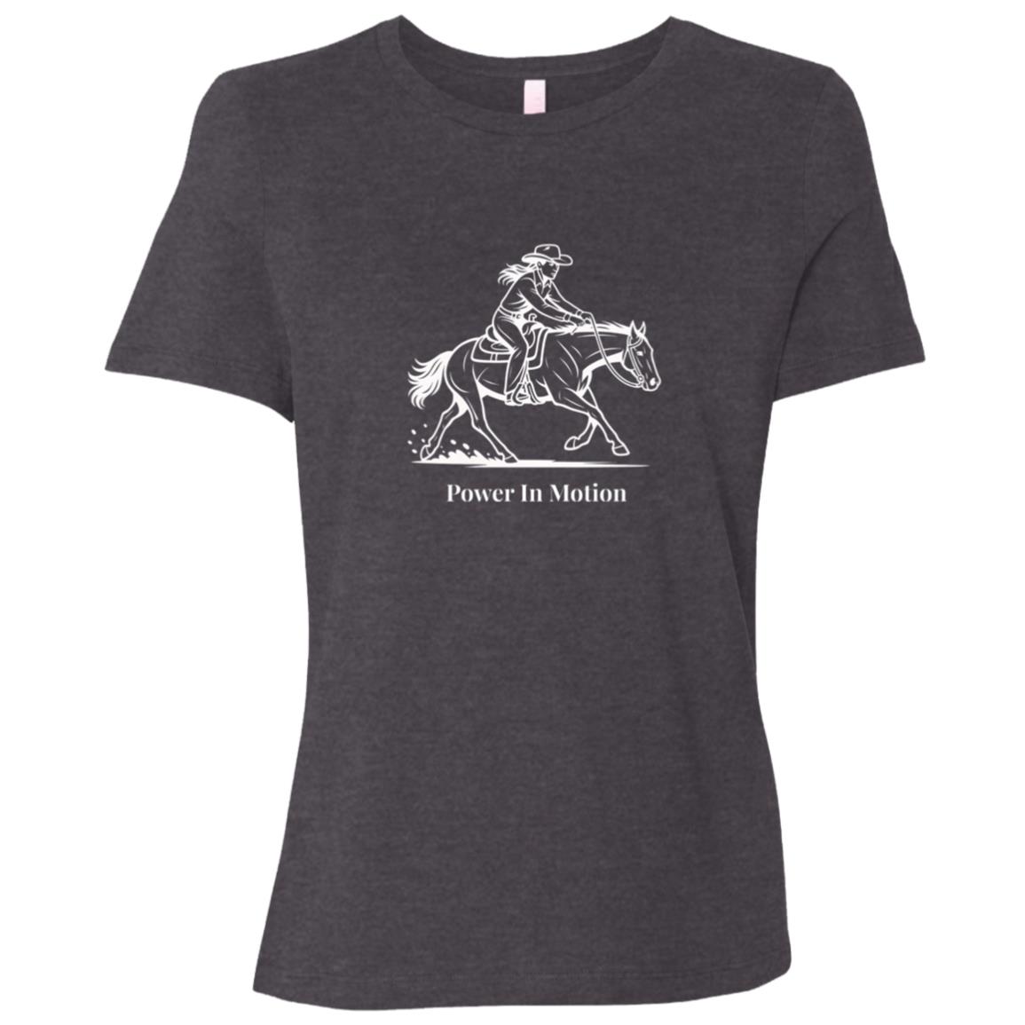 Female reining rider and horse graphic with text Power In Motion Ladies Tee Short Sleeve